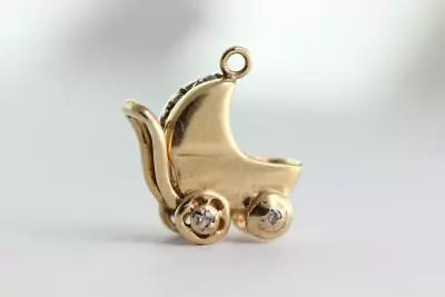 Vintage 14k Gold 3d Baby Stroller Carriage Charm Pendant Moveable Srone Solid • $316.98