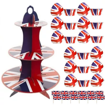 £7.99 • Buy 25 Piece Union Jack Coronation Cupcake Making Kit Cake Stand Topper Pick & Cases