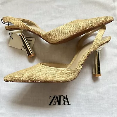 New Zara Raffia Metallic High Heel Slingback Pumps 2214/110 Size 9 40 • $69