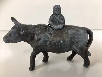 Miniature Metalware Cow Fiquerine 3 Inches Long With Person Sitting On Top • $14.95