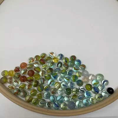 Cats Eye Marbles Lot Of 90 Plus Randoms X5 Vintage Handblown Blue/Orange/Yellow • $6