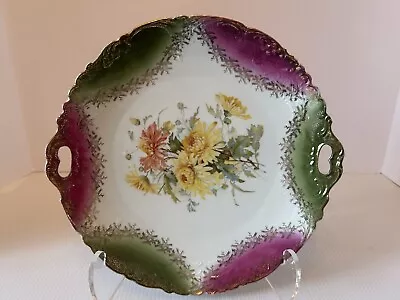 VTG C.T. Germany 10” Pink Green Floral Plate Cut Out Handles Gold Accents EUC • $15.90