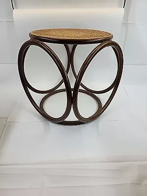 Vintage Thonet-Style Bentwood & Wicker Top Side Table - Oak Bentwood MCM Boho • $299.50