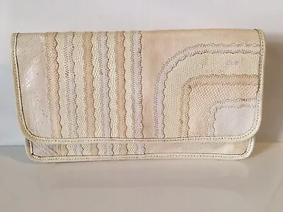 Vintage CARLOS FALCHI Patchwork Clutch Purse Cream Snakeskin Lizard Leather USA • $32.95