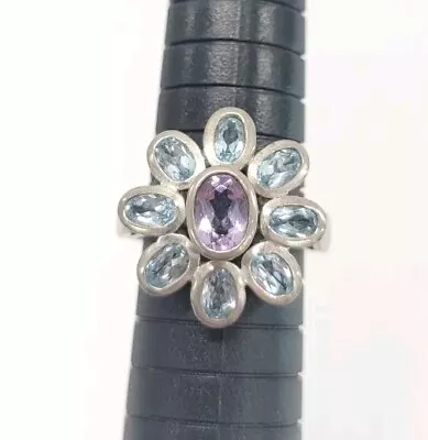 Vintage Sterling Amethyst & Blue Topaz Bezel Flower Ring Size 8 • $28