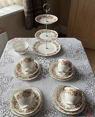 Vintage Colclough Bone China Tea Set & Small Cake Stand Pink & White Roses • £30