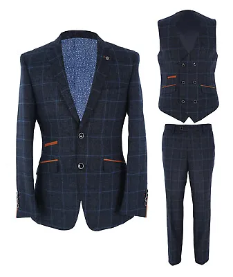 Mens Tweed Check Suit Jacket Waistcoat Trousers Tailored Fit Navy Sold Separate • £129.97