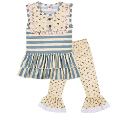 GIRLS 12-18 Mo. 2T SMOKE BLUE STRIPED TUNIC & RUFFLE PANTS Mustard Pie Remake • $24.50