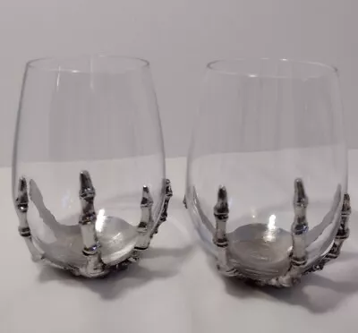 Skeleton Stemless Wine Glasses Lot Of 2 Silver Tone Metal Hand On Glass Goth • $43.95