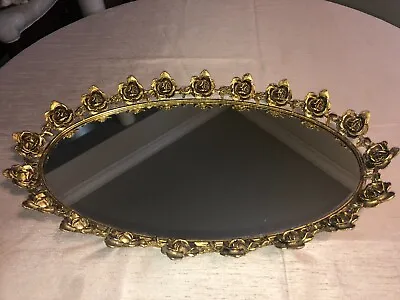 Vtg Stylebuilt Filigree Gold Plated Roses Mirror Vanity Tray Hollywood Regency • $89