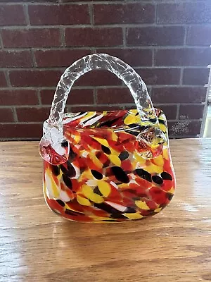 VTG Murano Style Hand Blown Art Glass Purse Handbag Vase Red Black Yellow • $39