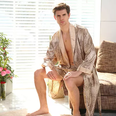 Men's Satin Robe Set Silk Kimono Bathrobe With Shorts Nightgown Printed Pyjamas • $22.94