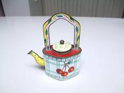 Colorful Vintage Miniature Enamel Teapot With Cherries Figurine • $15