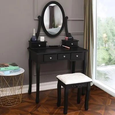 Black Vanity Dressing Table Set With Mirror Stool 5 Drawers Makeup Desk Bedroom • $119.99