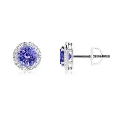 Natural Tanzanite Round Earrings With Diamond Halo In 14K Gold (Grade-AAA  5MM) • $1011.12