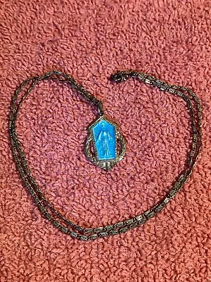 Antique Catholic Sterling Silver + Blue Enamel Virgin Mary Holy Pendant W/ Chain • $49.95