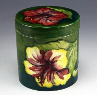 Moorcroft Vintage William Early Cylindrical Lidded Pot Hibiscus Design On Green • £110