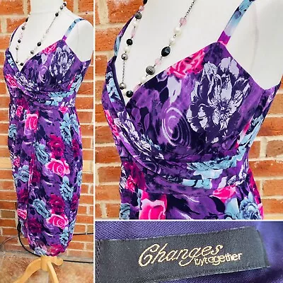 Changes By Together Purple Wrap Dress Size 12 Floral Wedding Summer L3 • £15.99