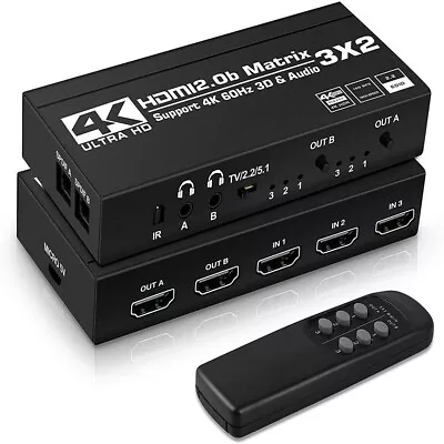 3X2 HDMI2.0 HDCP2.2 Matrix Switch Splitter 4K@60Hz 3in2 Out With Audio Extractor • $40.83