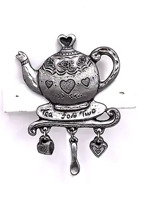 Vintage SPOONTIQUES Etched Pewter TEA FOR TWO Teapot Brooch Pin Dangle Charms • £23.74