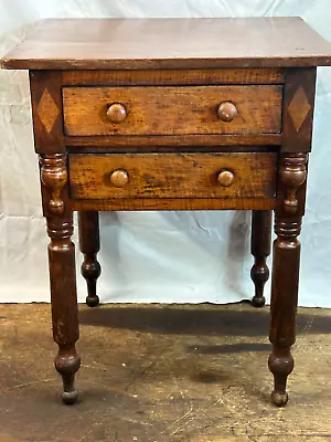 Good Country Tiger Maple & Cherry 2 Drawer Work Table Night Stand 1830 Antique • $425