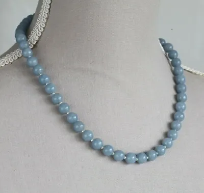 Blue Angelite 8mm Rounds Necklace ~ Sterling Silver 18.5  In Length • £38.99