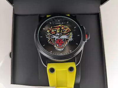 Mens Ed Hardy Matte Yellow Silicone Strap Watch 46mm Boat Dive Tiger Black • $60