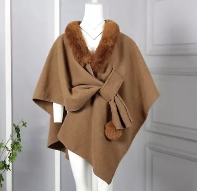 £5 • Buy Woman Poncho Ladies Faux Fur Collar Pullover And Pompom Cape Poncho Wrap
