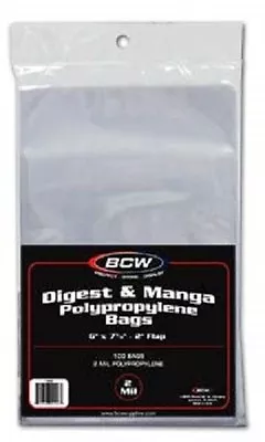 (100) BCW Manga Comic Bags Or Digest Book Bags Poly 6  X 7 5/8  W/ 2  Flap  • $4.99