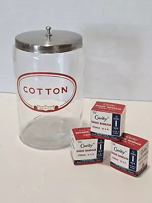 Vintage Merco Glass Cotton Jar W/ Metal Lid And 3 Curity Gauze Bandage Boxes • $14.99
