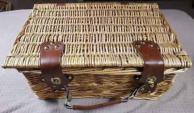 Wicker Rattan Picnic Basket Suitcase With Liner Leather Straps Retro EUC • $37.95
