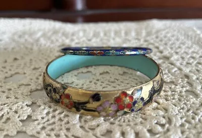 Lot Set Of 2 Vintage Cloisonné & Enamel Bangle Bracelets Floral Blue Gold • $12.95