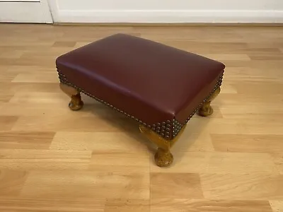 Vintage Footstool Foot Rest With Oxblood Red Faux Leather Top & Queen Anne Legs • £45