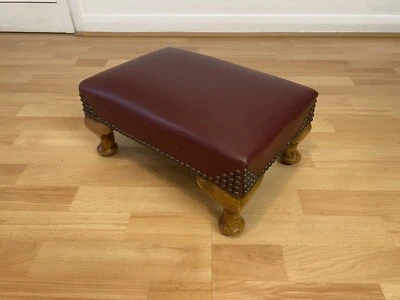 Vintage Footstool Foot Rest With Oxblood Red Faux Leather Top & Queen Anne Legs • £45
