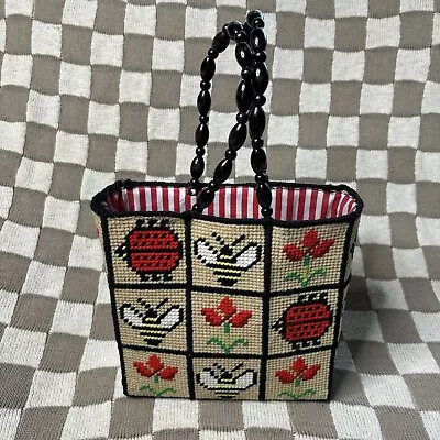 Vintage Insp 70s Handmade Needlepoint Lady Bug Bee Flowers Small Tote Bag Purse • $42