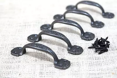 5 Small Drawer Pulls 4 1/4  Window Antique Vintage Style Ornate Rustic Cast Iron • $14.99