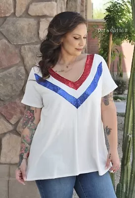 New PLUS SIZE Womens RED WHITE BLUE USA PATRIOTIC SEQUIN SHIRT TUNIC 1X 2X 3X • $63.24