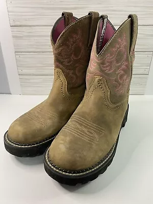 Ariat Fatbaby Womens Size 7B Distressed Brown Suede Leather Pink Stitching • $34.95