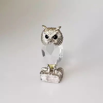 Vtg Crystal Owl Metal Head Standing Metal Book Figurine Rhinestone Eyes SR5 • $15