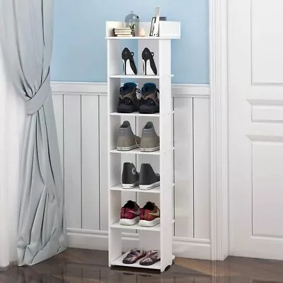 Narrow Shoe Rack Wooden Shoe Shelf 7-Tier Vertical Tall Slim Storage Organizer • £20.99