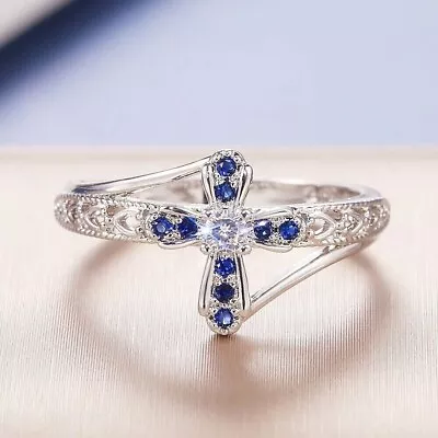 1/2Ct Round Created Diamond Sapphire Cross Engagement Ring 14K White Gold Plated • $77.99