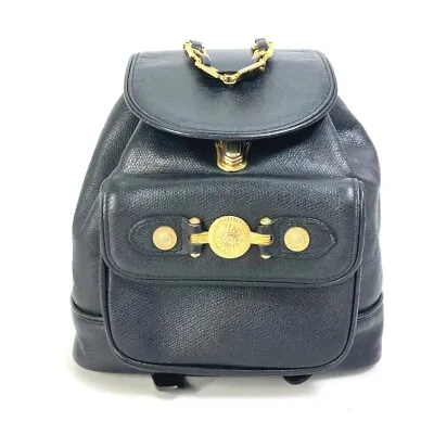 VERSACE Vintage Logo Chain Sunburst Backpack Bag Leather Black/Gold • $671