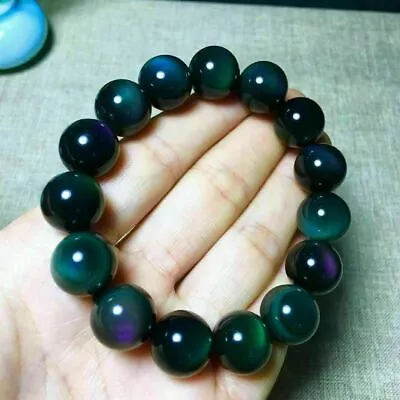 14mm Natural Black Obsidian Round Gemstone Beads Stretch Bracelet 7.5 Inch • $6.75