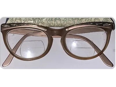 Vintage 1950s Etched Aluminum Bronze Women's Cat Eye Eyeglasses Frames & Case • $7.50
