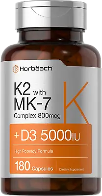 $22.99 • Buy Vitamin K2 MK7 With D3 Supplement | 180 Capsules | D3 5000 IU | By Horbaach 