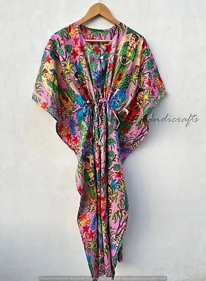 Indian Pink Long Frida Kahlo Print Cotton Maxi Women Nightwear Caftan Dress • $22.55