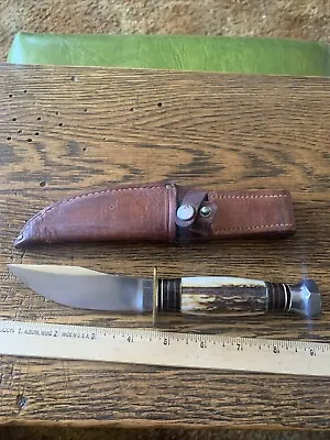 Rare Vintage Marbles Gladstone Fixed Blade Knife Stag Handle Hex Pomel  Sheath • $355