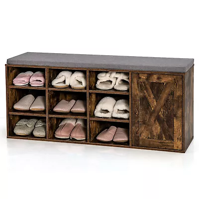 9-Rack Shoe Bench W/ Sponge Padded Cushion & Door Cabinet & 9 Racks Rustic Brown • $79.99