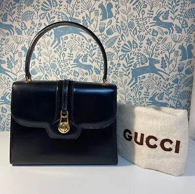 GUCCI Bag. Vintage Gucci Black Box Leather Kelly Handbag. • £225