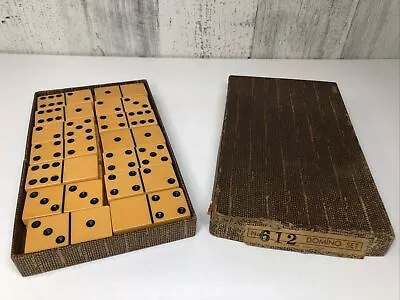 $49.95 • Buy NICE! Vintage Bakelite Dominoes 28 Piece Butterscotch Set With Box No. 612 (USA)